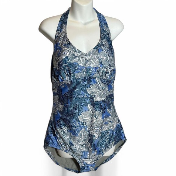 Speedo Halter Neck Swimsuit in Robbia Blue Floral - Picture 1 of 7